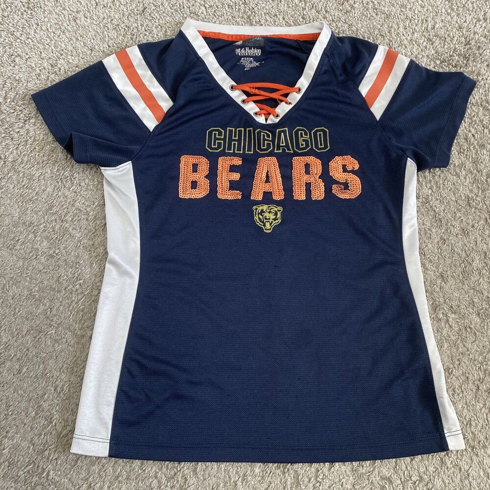 NFL Team Apparel 1st &Fashion Blue Raglan Sleeve Sequin BEARS Jersey Top Size M